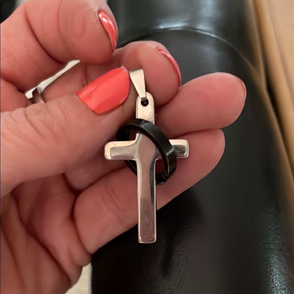 Stainless steel Silver Cross with black ring Pendant